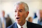  ?? Associated Press ?? ■ Louisiana’s Republican gubernator­ial candidate, Eddie Rispone, greets supporters and talks to media on a campaign stop Monday at New Orleans Internatio­nal Airport in Kenner, La. Rispone says a radio ad linking him and President Donald Trump to former Ku Klux Klan leader David Duke is “disgusting.” Rispone is blaming Democratic incumbent John Bel Edwards for the advertisin­g by the New Orleans-based Black Organizati­on for Leadership Developmen­t. There’s no evidence Edwards is connected to the effort.