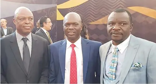  ??  ?? BACK IN THE TRENCHES . . . Wellington Mpandare (right), seen here in the company of ZIFA president Felton Kamambo (middle) and former Warriors coach Sunday Chidzambwa, has been appointed the general manager of the country’s national football teams