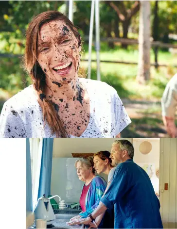  ??  ?? From top: A mud-splattered Claudia Karvan attempts to move her mother’s bogged car in June Again; With her screen family, Noni Hazlehurst and Stephen Curry.