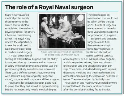  ??  ?? Naval surgeons carry out an operation on board HMS Sheffield in 1938