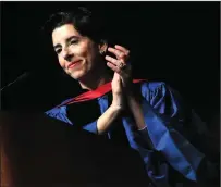 ?? Ernest A. Brown photo ?? Gov. Gina Raimondo applauds the Class of 2018, telling them: “You are here today because you stuck with it and we are so proud of you.” We are counting on you to stick around Rhode Island, she said, during Saturday’s RIC Commenceme­nt.