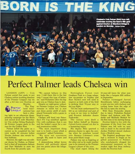  ?? Reuters-Yonhap ?? Chelsea’s Cole Palmer (third from left) celebrates scoring the team’s fifth goal against Everton at Stamford Bridge in London on Monday.