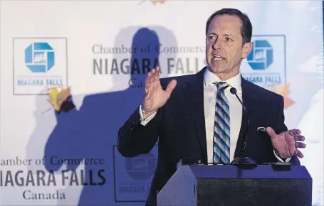 ?? BOB TYMCZYSZYN THE ST. CATHARINES STANDARD ?? Niagara Falls Mayor Jim Diodati gives his state of the city address at the
Americana Conference Resort Spa and
Waterpark on Thursday.