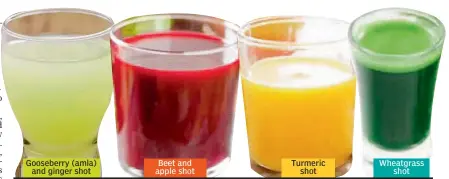  ??  ?? Gooseberry (amla) and ginger shot
Beet and apple shot
Turmeric shot
Wheatgrass shot