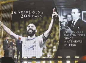  ?? ?? BELOW:
Karim Benzema became the oldest player to win the Ballon d’Or since Sir Stanley Matthews in 1956.
