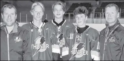  ??  ?? Members of the Fundy Thunder hockey team, from left, Jeff Oderkirk, Jake Stewart, Jake Bolger, Kyran Burton and Tim Macumber.