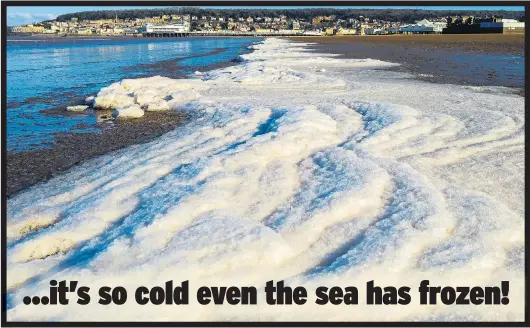  ??  ?? Seawater turned to ice by freezing conditions at Weston-super-Mare yesterday. Storm Emma is likely to cause more chaos later this week