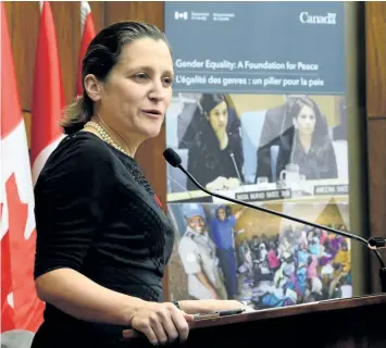  ?? SEAN KILPATRICK/ THE CANADIAN PRESS ?? Foreign Affairs Minister Chrystia Freeland makes an announceme­nt on women, peace and security, in Ottawa.