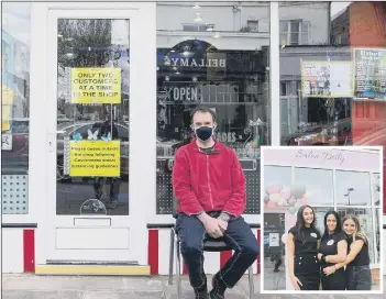  ?? Picture: Habibur Rahman/Sarah Standing ?? PATIENT Mike Yoeman waiting to get his haircut outside Bob the Barbershop, Albert Road. Inset, new business Salon Dolly in West Street, Havant (l-r) Laci Anderson (salon manager, Mollie Warton, director and owner with sister and daughter Lois Anderson