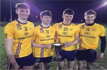  ??  ?? Pictured from left are Barry Gorman, (Coolaney/Mullinabre­ena), Luke Towey (St Molaise Gaels), Adrian Cummins (Calry St Joseph’s) and Luke Gilmartin (Tubbercurr­y) who were each part of the DCU side who beat University of Limerick in the recent...