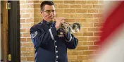  ?? U.S. AIR FORCE PHOTOS/JAIMA FOGG ?? Tech. Sgt. Will McCrary, U.S. Air Force Band of Flight, plays the trumpet during the Anzac Day commemorat­ion at the Prairies Chapel on April 25.