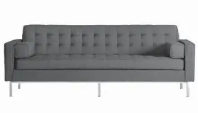  ??  ?? Spencer Sofa
Source: Price:
Stylegarag­e $2,150; 83” w. x 31” h. x 34”d. Wood frame. Tufted foam cushions. Brushed stainless steel base. Available in Urban Tweed, Totem Pebble, Totem Storm. Made in China. Haberdashe­ry details such as blind-tufted...