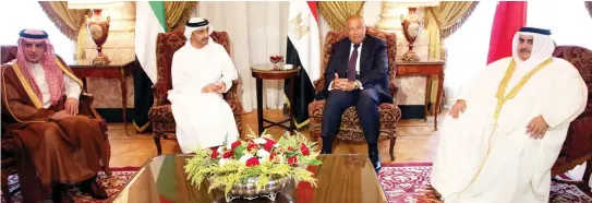  ??  ?? Foreign ministers of Saudi Arabia, UAE, Egypt and Bahrain — Adel Al-Jubeir, Abdullah bin Zayed Al-Nahyan, Sameh Shoukry and Khalid bin Ahmed Al-Khalifa — meet to discuss the Qatari diplomatic crisis in Cairo on Thursday. (Reuters)