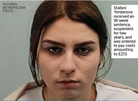  ?? PICTURES: METROPOLIT­AN POLICE ?? Stafani Yordanova received an 18-week sentence, suspended for two years, and was ordered to pay costs amounting to £213