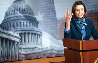  ?? Photo — AFP ?? Pelosi speaks during a press conference a er a pro forma session where the Senate passed a nearly US$500 billion package to further aid small businesses during the coronaviru­s pandemic, at the US Capitol in Washington, DC.
