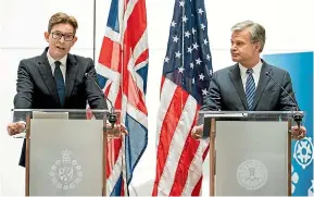  ?? AP ?? MI5 director-general Ken McCallum, left, and FBI director Christophe­r Wray attend a joint press conference at MI5 headquarte­rs, in central London.