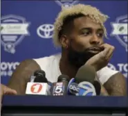  ?? JULIO CORTEZ — ASSOCIATED PRESS ?? Giants wide receiver Odell Beckham takes a question from a reporter at training camp on Friday in East Rutherford,