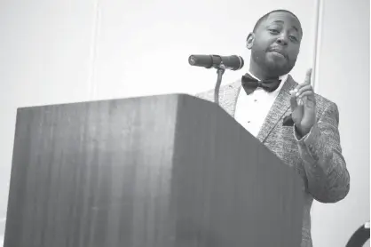  ?? Staff photo by Joshua Boucher ?? Brandon Thurston delivers a speech about MLK and the Apostle Paul on Sunday at the Dr. Martin Luther King Jr. Weekend Celebratio­n at the Texarkana, Texas, Convention Center.