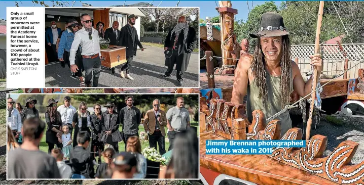  ?? CHRIS SKELTON/ STUFF ?? Only a small group of mourners were permitted at the Academy Funeral home for the service, however, a crowd of about 100 people gathered at the Tuahiwi Urupa¯ .
Jimmy Brennan photograph­ed
with his waka in 2011