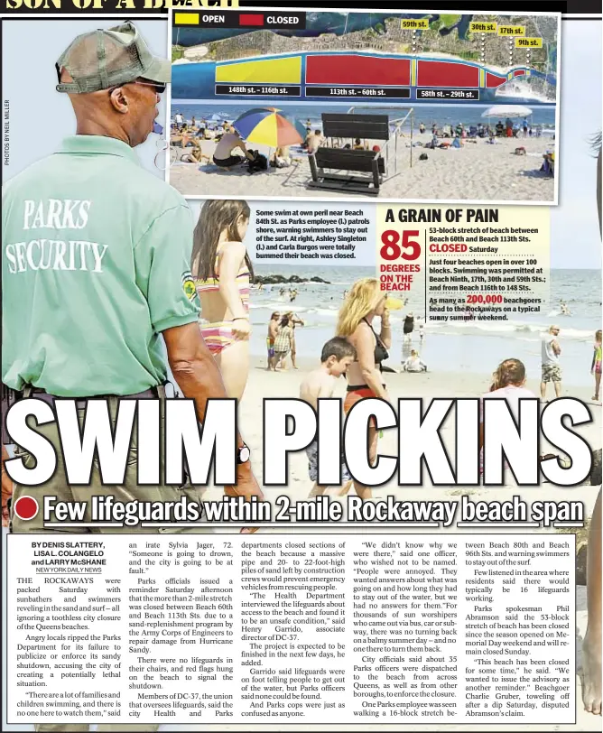  ??  ?? Some swim at own peril near Beach 84th St. as Parks employee (l.) patrols shore, warning swimmers to stay out of the surf. At right, Ashley Singleton (l.) and Carla Burgos were totally bummed their beach was closed.