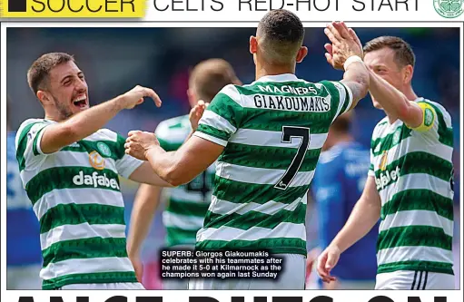  ?? ?? SUPERB: Giorgos Giakoumaki­s celebrates with his teammates after he made it 5-0 at Kilmarnock as the champions won again last Sunday