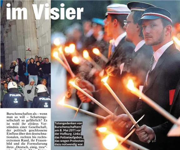  ??  ?? Totengeden­ken von Burschensc­haftern am 8. Mai 2011 vor der Hofburg. Links das Polizeiauf­gebot, das wegen Protesten dazu notwendig war.