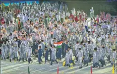  ?? PTI ?? The Indian contingent during the closing ceremony of the 18th Asian Games 2018.