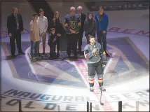  ?? SAM MORRIS / LAS VEGAS NEWS BUREAU (2017) ?? Golden Knights defenseman Deryk Engelland (5), the lone Las Vegas resident on the team’s roster, addresses the crowd before the 2017 home opener. His poignant speech, ending with “We are Vegas Strong,” is forever etched in Las Vegas profession­al sports lore.