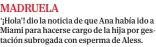  ?? ?? MADRUELA
‘¡Hola’! dio la noticia de que Ana había ido a Miami para hacerse cargo de la hija por gestación subrogada con esperma de Aless.