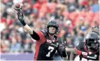  ?? JUSTIN TANG/THE CANADIAN PRESS ?? Ottawa Redblacks’ Trevor Harris throws the ball against the Winnipeg Blue Bombers on Aug. 4.