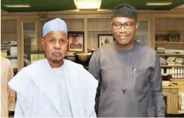  ??  ?? From right: Managing Director, Nigeria Export Processing Zones Authority (NEPZA), Prof. Adesoji Adesugba and the Governor of Katsina State, Aminu Bello Masari when the NEPZA boss visited the governor in Katsina on the approved Funtua Integrated Textile & Garment and Medical Tourism Park Special Economic Zone (SEZ) in the state recently