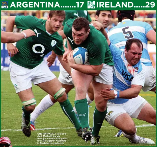  ??  ?? ARGENTINA.......17
IRELAND.....29 UNSTOPPABL­E: Ireland’s Jack McGrath bursts through a tackle during the first Test against Argentina in Resistenci­a yesterday