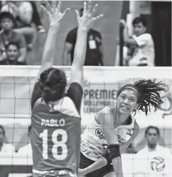  ??  ?? POWER GAME. Expect Alyssa Valdez to unleash another power game in an attempt to lift Creamline to a dream finals appearance.