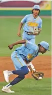  ?? HILARY SCHEINUK/THE ADVOCATE VIA AP ?? Southern shortstop KJ White scoops up the baseball before making the play at first base during the Jaguars’ 12-7 win against reigning College World Series champion LSU on Monday night in Baton Rouge, La.