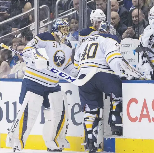  ?? NATHAN DENETTE / THE CANADIAN PRESS PHOTOS ?? Sabres goalie Robin Lehner gets pulled and Anders Nilsson comes in to play in the second period of Tuesday’s game.