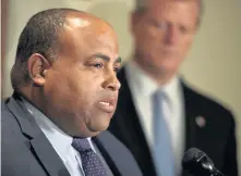  ?? FAITH NINIVAGGI / BOSTON HERALD ?? CROSSING LINES: Lawrence Mayor Dan Rivera, a Democrat, speaks at a September press conference with Republican Gov. Charlie Baker. Rivera has endorsed Baker because of his support for cities and towns affected by the Columbia Gas explosions.