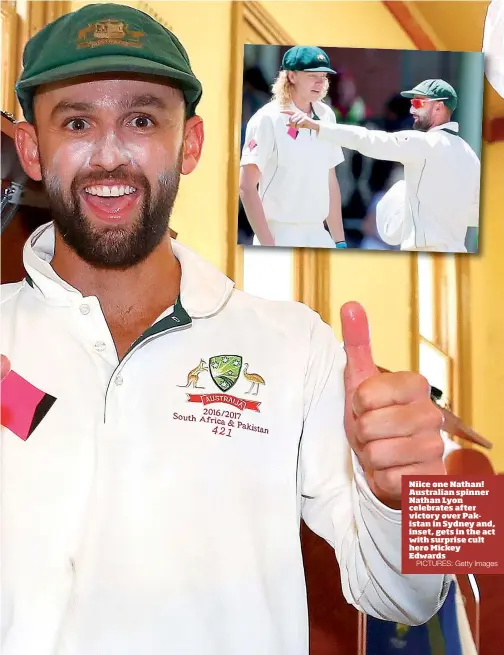  ?? PICTURES: Getty Images ?? Niice one Nathan! Australian spinner Nathan Lyon celebrates after victory over Pakistan in Sydney and, inset, gets in the act with surprise cult hero Mickey Edwards