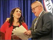  ??  ?? Republican National Committee Chairwoman Ronna Romney McDaniel speaks with Bob Paduchik, an Ohio political operative who at the time was co-chairman of the Republican National Committee, at the spring meeting in Coronado, California, in 2017.