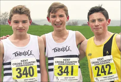  ?? Picture: Sean Aidan FM6334209 ?? Left, A&amp;D’s Becks Macey, Claire Green and Jaclyn Kay at the Kent Cross-Country Championsh­ips, Brands Hatch. Right, clubmate Adrian Beresford at Saltwood Ashford AC’s Louis Small, right, finished second in the under-15 boys’ race at the Kent Cross-Country Championsh­ips, staged at Brands Hatch on Saturday. The race was won by Tonbridge’s Matthew Taylor, centre, with clubmate Henry Taylor, left, third