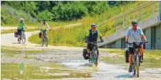  ??  ?? Donauradwa­nderer mussten durch die kleine Wehrflutun­g fahren. Hier sind es sieben Baden-Württember­ger, die von Passau nach Ulm unterwegs sind.