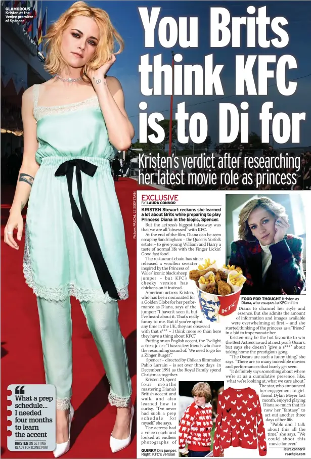  ?? ?? GLAMOROUS Kristen at the Venice premiere of Spencer
QUIRKY Di’s jumper. Right, KFC’s version