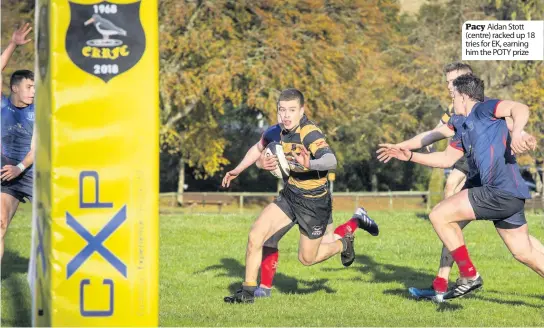  ??  ?? Pacy Aidan Stott (centre) racked up 18 tries for EK, earning him the POTY prize