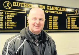  ??  ?? Glens mad Peter Ferguson inside The Celsius Stadium clubhouse