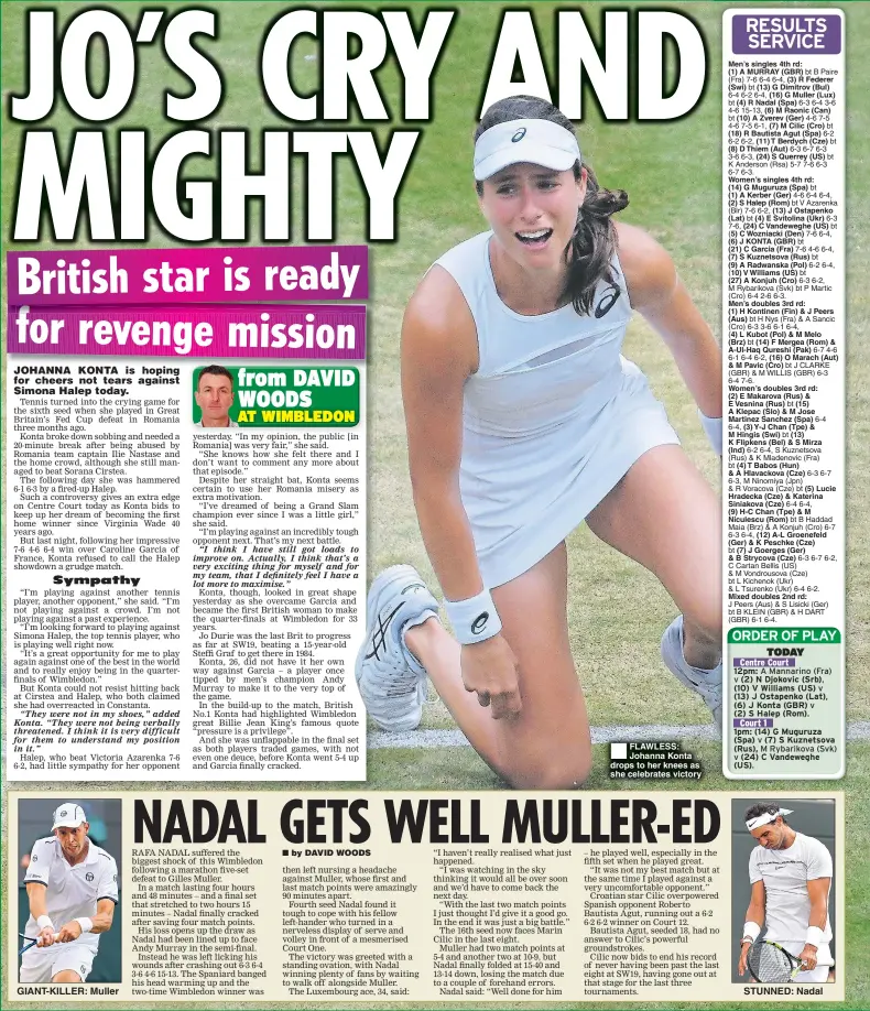  ??  ?? GIANT-KILLER: Muller FLAWLESS: Johanna Konta drops to her knees as she celebrates victory STUNNED: Nadal