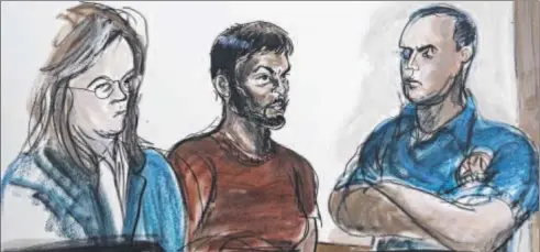  ??  ?? TERRORISM CHARGES: A sketch of Quazi Mohammad Rezwanul Ahsan Nafis, 21, centre, and his attorney Heidi Cesare in court yesterday.
