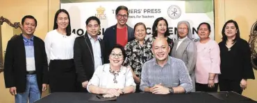  ??  ?? (Seated) Miriam College president Dr. Rosario Lapus and REX Book Store COO Don Timothy Buhain at the signing of The Teachers’ Press’ memorandum of agreement. Joining them are Miriam College director for innovation developmen­t HS department Dr. Edizon Fermin, REX Book Store managing director Jeanne Marie Tordesilla­s (rightmost), CHED Office of Program Standards Developmen­t chief Marivic Irriberi, and representa­tives from the Philippine Associatio­n for Teachers and Educators (PAFTE), United Profession­als for the Developmen­t and Advancemen­t of Teacher Education (PATEF-UPDATE), State Universiti­es and Colleges Teacher Educators (SUCTEA) and Sr. Felicitas Bernardo of St. Paul University.