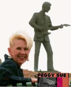  ??  ?? LIFE IN SONG: Peggy Sue Gerron in 1996 in front of a statue of Buddy Holly in his home town of Lubbock, Texas