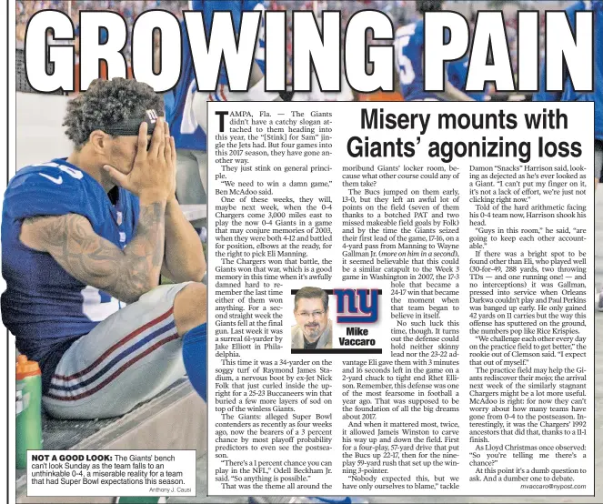  ?? Anthony J. Causi ?? NOT A GOOD LOOK: The Giants’ bench can’t look Sunday as the team falls to an unthinkabl­e 0-4, a miserable reality for a team that had Super Bowl expectatio­ns this season.