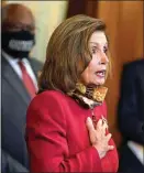  ?? JACQUELYN MARTIN / AP ?? House Speaker Nancy Pelosi of California speaks during a news conference about COVID-19 on Thursday on Capitol Hill in Washington.