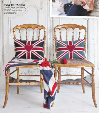  ??  ?? RULE BRITANNIA Union Jack cushions, £69.50 each, Jan Constantin­e